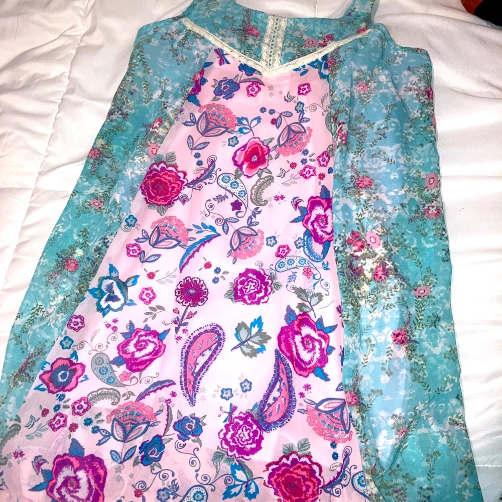Floral print preppy pink and teal dress